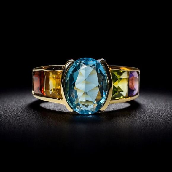 VINTAGE- 10K Gold -Multi Gemstone Ring -Sz 5 Rainbow Ring -Topaz Garnet Amethyst - Picture 6 of 16